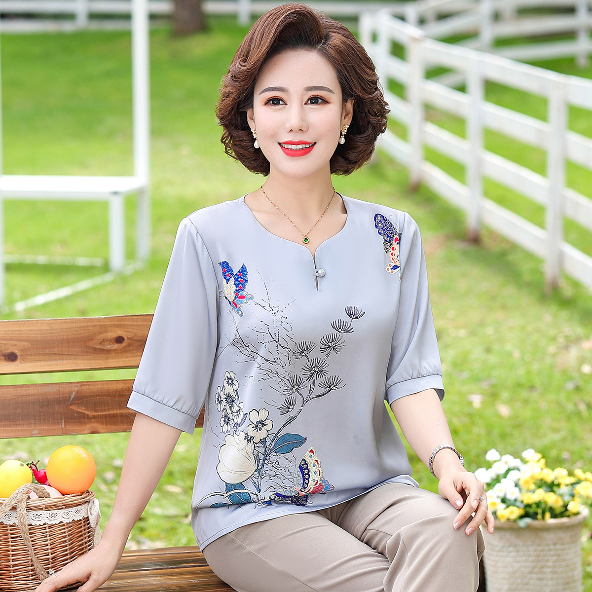 2021夏季新款妈妈装中老年休闲女装夏装气质百搭宽松t恤上衣