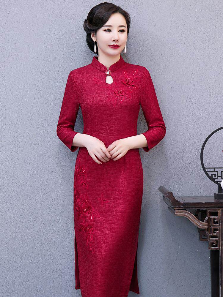 日本hl喜婆婆旗袍中长高贵刺绣参加婚礼妈妈中老年女装