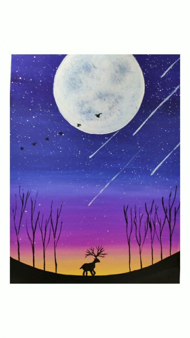 星空麋鹿,水粉画,超级简单,负基础也可以学会画的