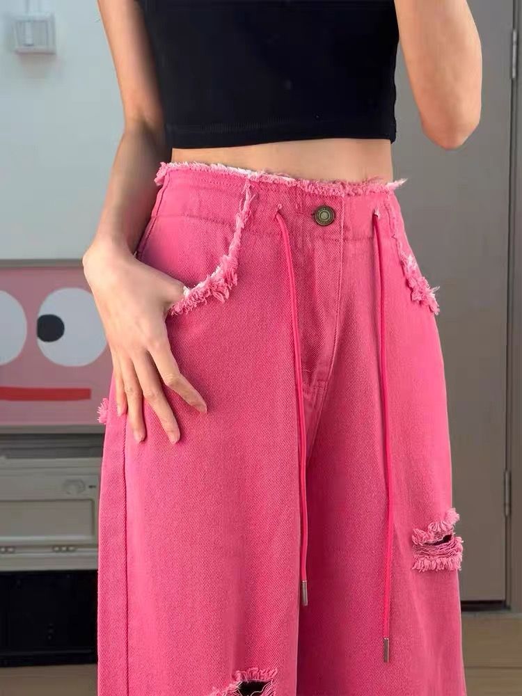多巴胺粉色裤子女夏季大码设计感破洞涂鸦毛边高腰阔腿拖地牛仔