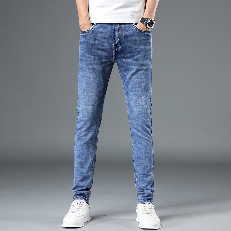 新款韩版牛仔裤男修身小脚裤弹力休闲耐磨紧身铅笔裤水洗浅蓝色牛仔