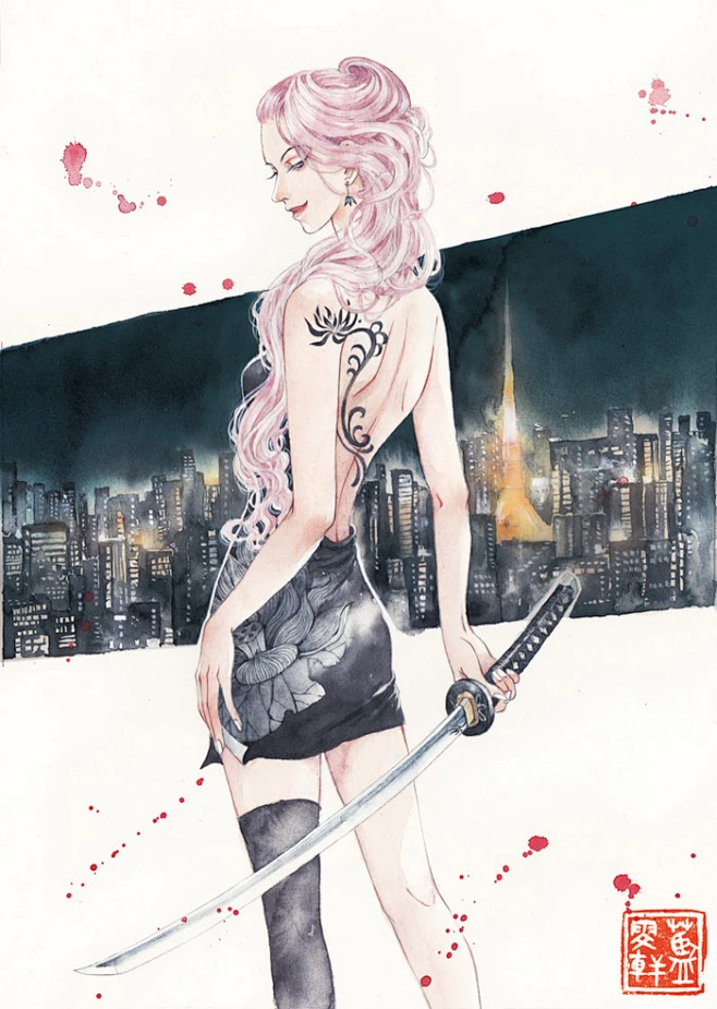 刀与荷花-蓝雯轩_蓝雯轩,女杀手,都市,荷花,刀_涂鸦王国插画