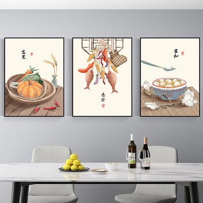 新品新中式餐厅装饰画餐馆饭厅饭店挂画厨房餐桌背景墙画三联壁画