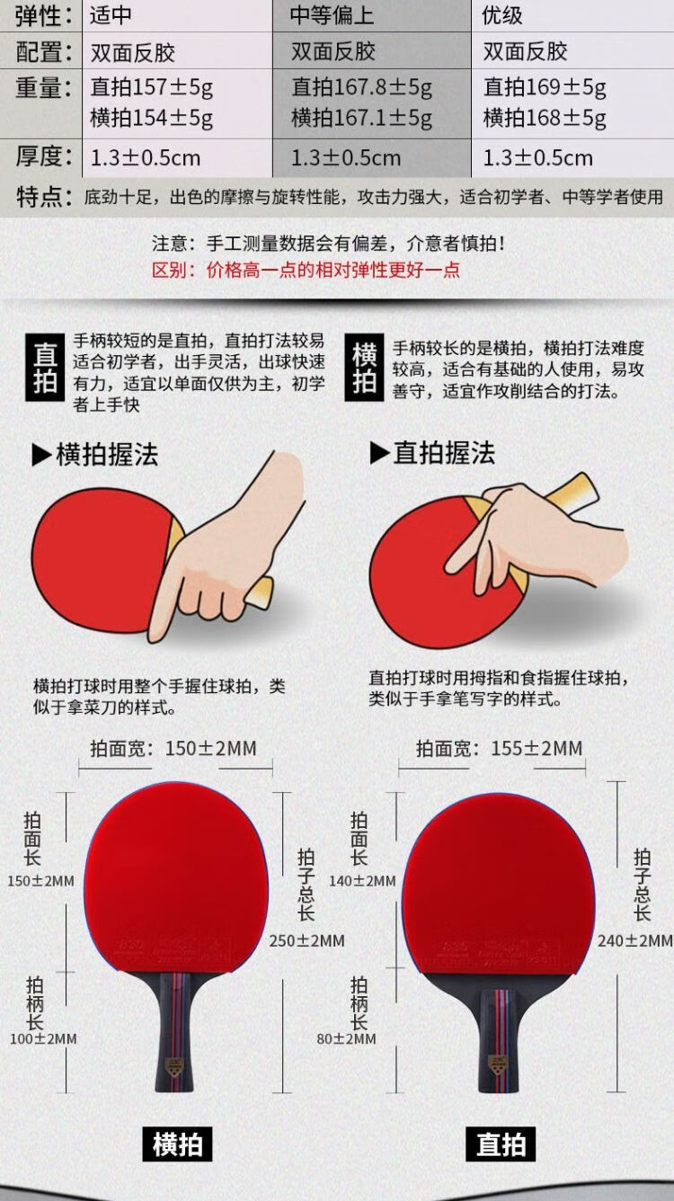 乒乓球拍横拍直拍双拍初学者训练比赛专业级儿童学生套装红同学生推荐