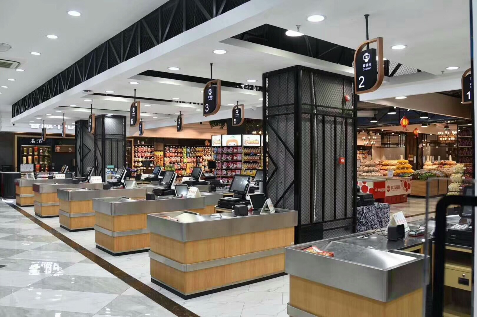 佛山外贸工厂木纹超市收银台收款台不锈钢包边大斜坡