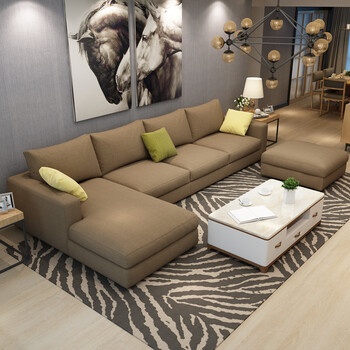 臻享家 北欧客厅羽绒布艺沙发组合现代小户型3人乳胶转角沙发 浅棕色