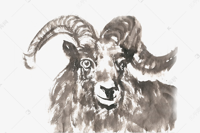 羊的头部水墨画png免抠素材