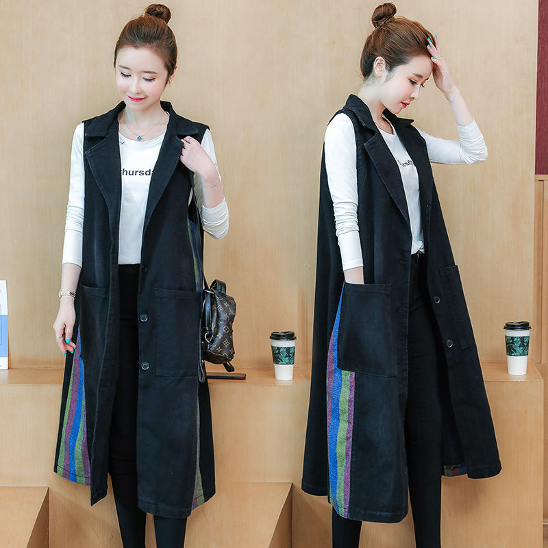 2022新款加肥加大宽松显瘦220斤胖mm气质长款过膝西服牛仔马甲女