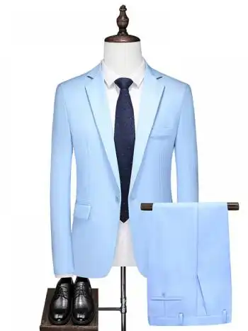 西服套装商务休闲修身大码职业西装二件套伴郎服职业装tj天蓝色点此