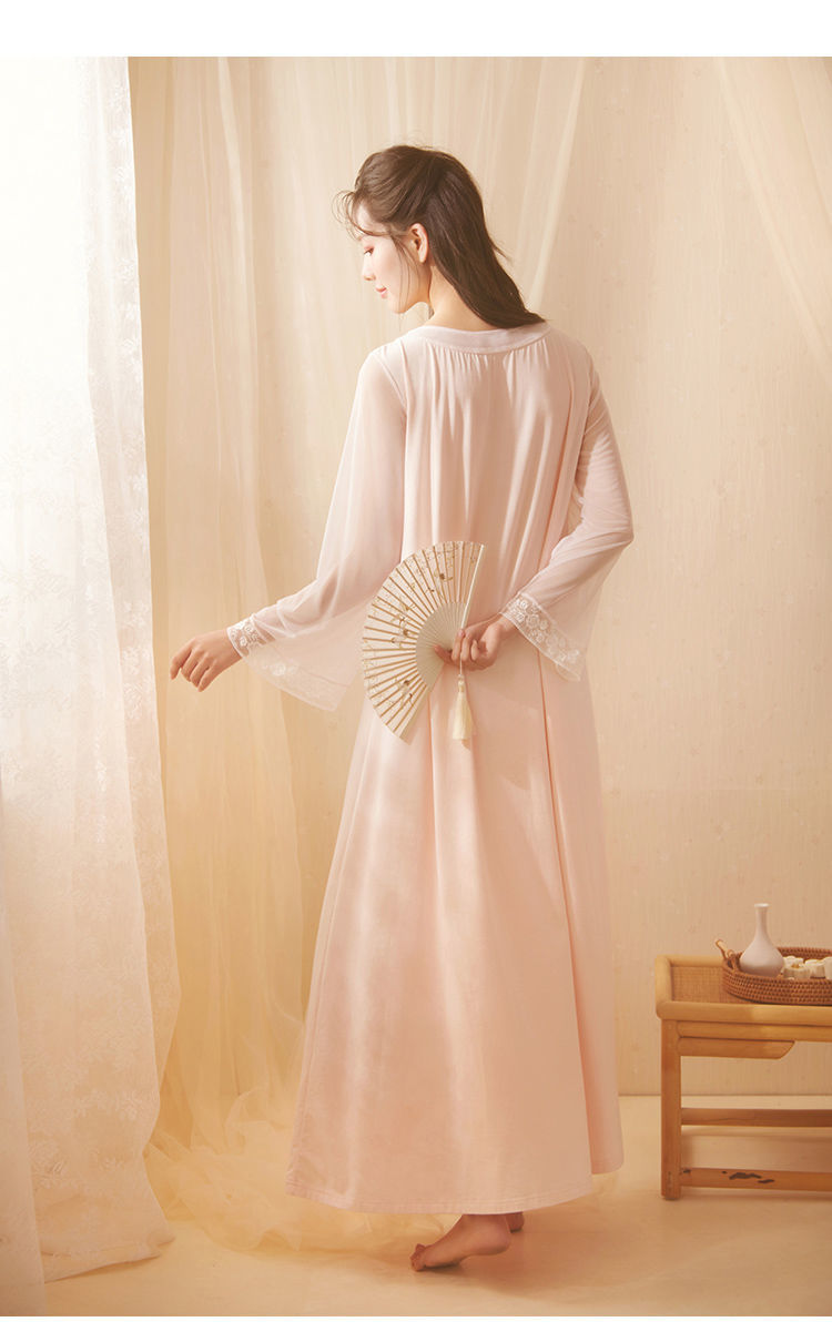宫廷风汉服睡裙女春秋薄款长袖古风国风齐胸襦裙方领可爱仙女睡衣浅