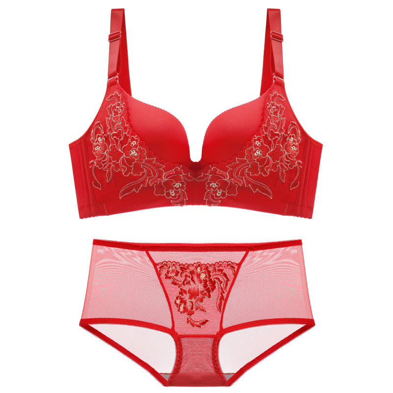 可莉允本命年大红色内衣女无钢圈结婚牛年文胸罩套装聚拢性感调整型