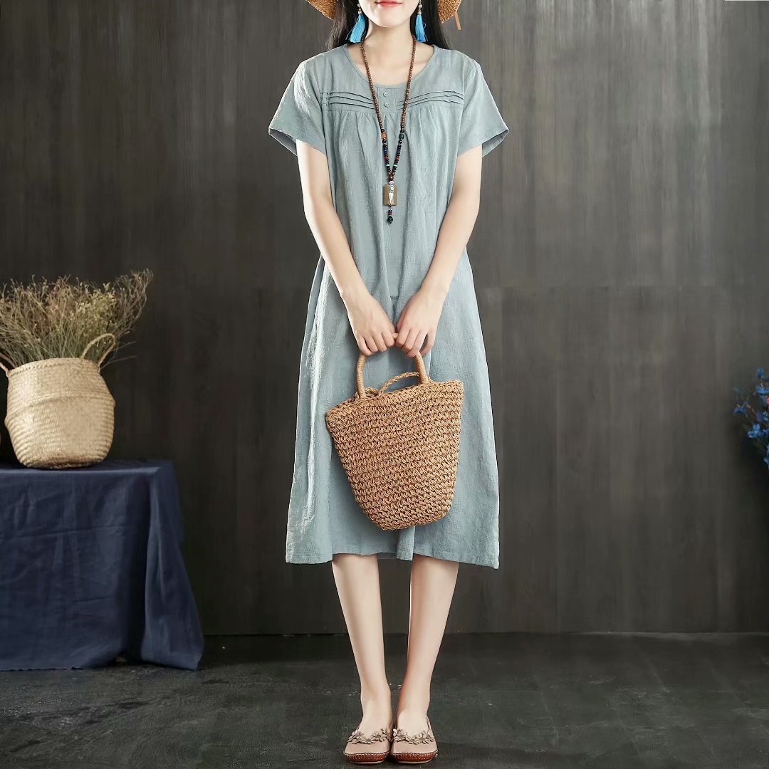 2018夏装新款女装复古棉麻提花棉麻短袖连衣裙批发褶皱宽松中长裙