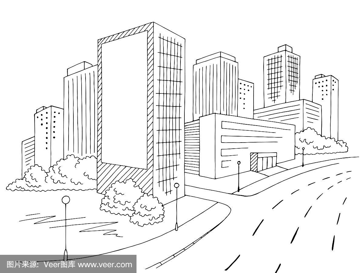 建筑广告牌图形黑白街道城市景观素描插图矢量
