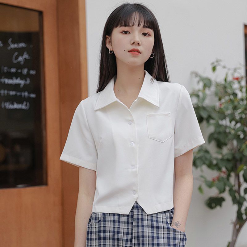 pass百搭白衬衫韩版时尚别致短款衬衣夏季小众宽松短袖通勤上衣女