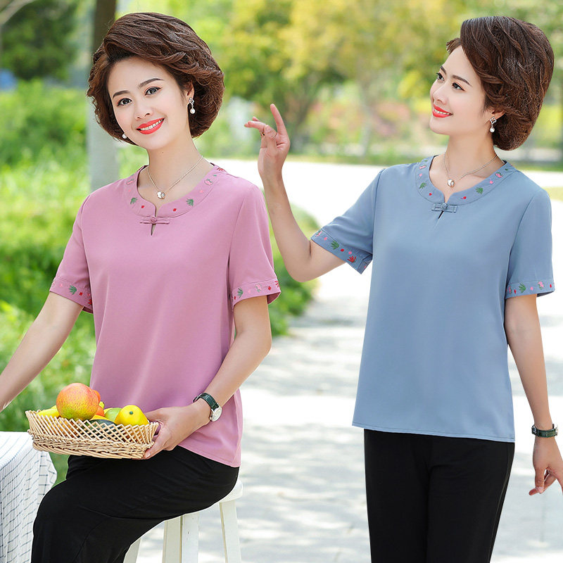 中老年女装夏装短袖绣花t恤中年妈妈夏季宽松上衣民族风气质小衫