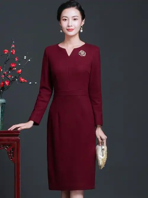 优雅高端婚礼妈妈装高档礼服参加儿女婚宴妈妈秋冬装羊毛呢连衣裙洋气