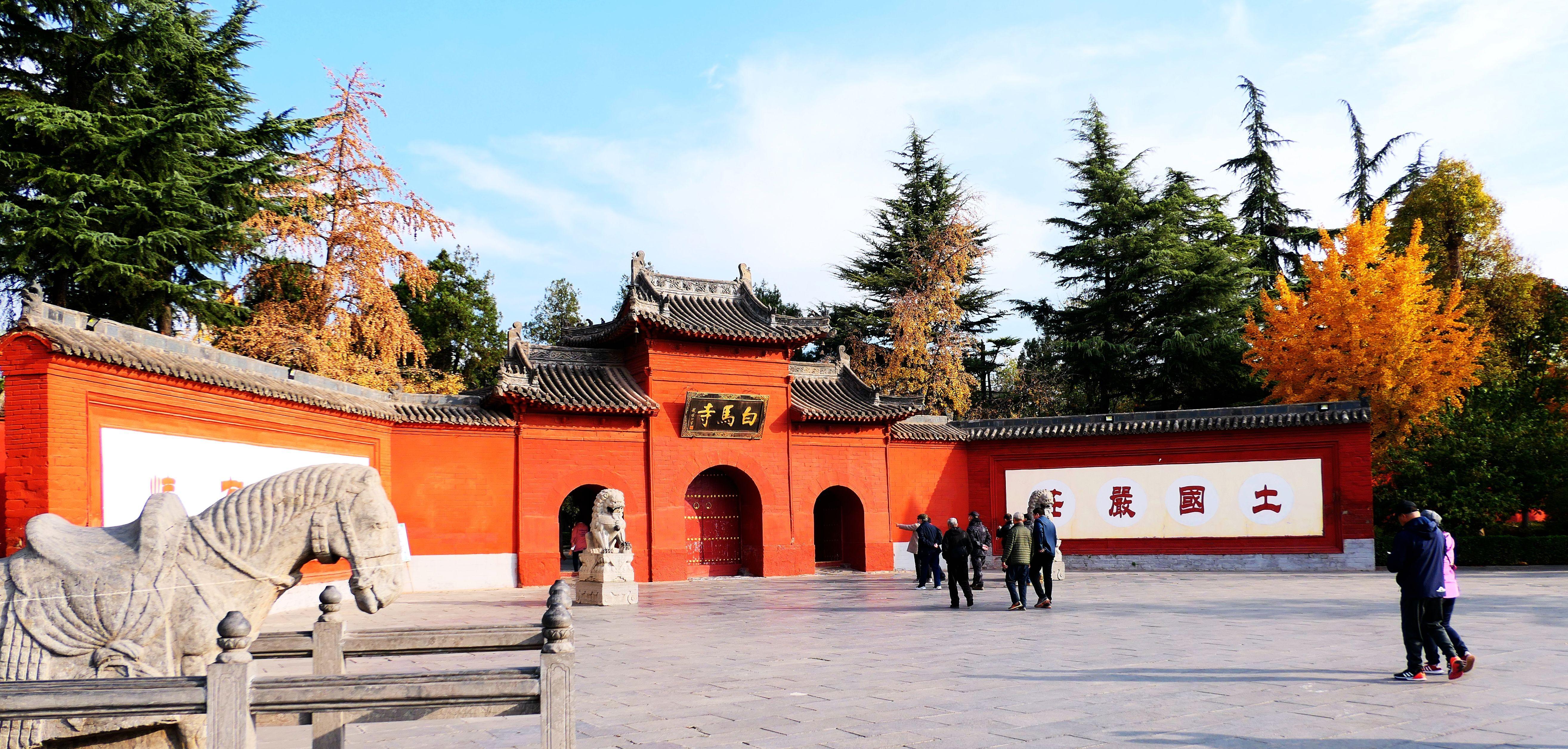 白马寺山门风光.11月19日来游览时,山门两侧的银杏树树叶已成是金黄.