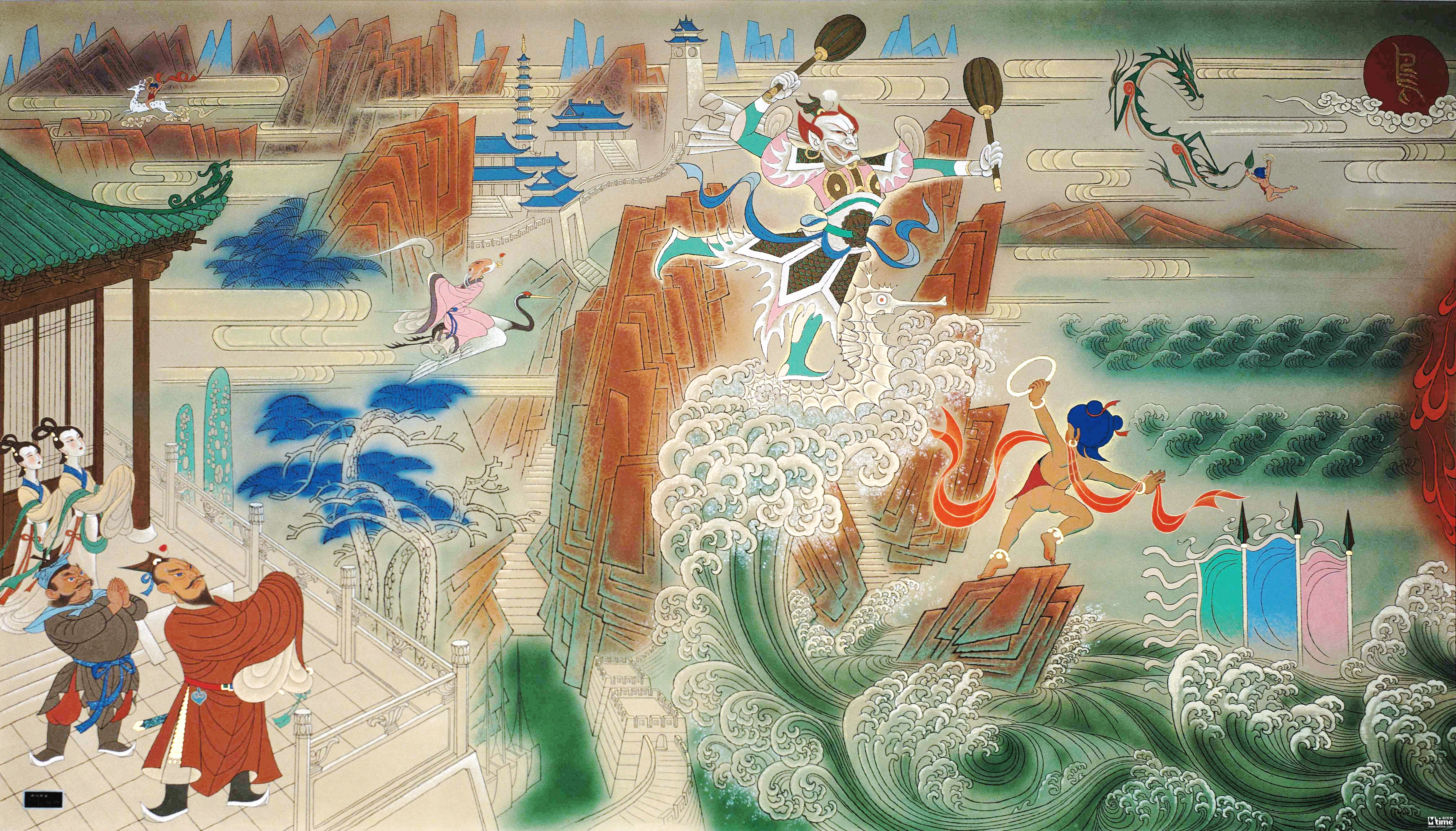 《哪吒闹海》壁画(左)