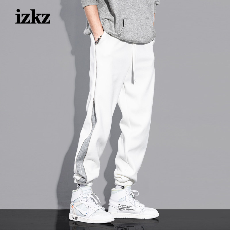 运动裤男春秋款潮流白色休闲裤子侧拉链宽松束脚百搭学生纯棉卫裤