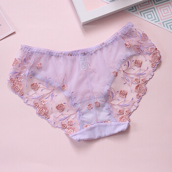 无痕刺绣蕾丝性感裤头 冰丝低腰包臀网纱透明日系女士三角内裤女 烟