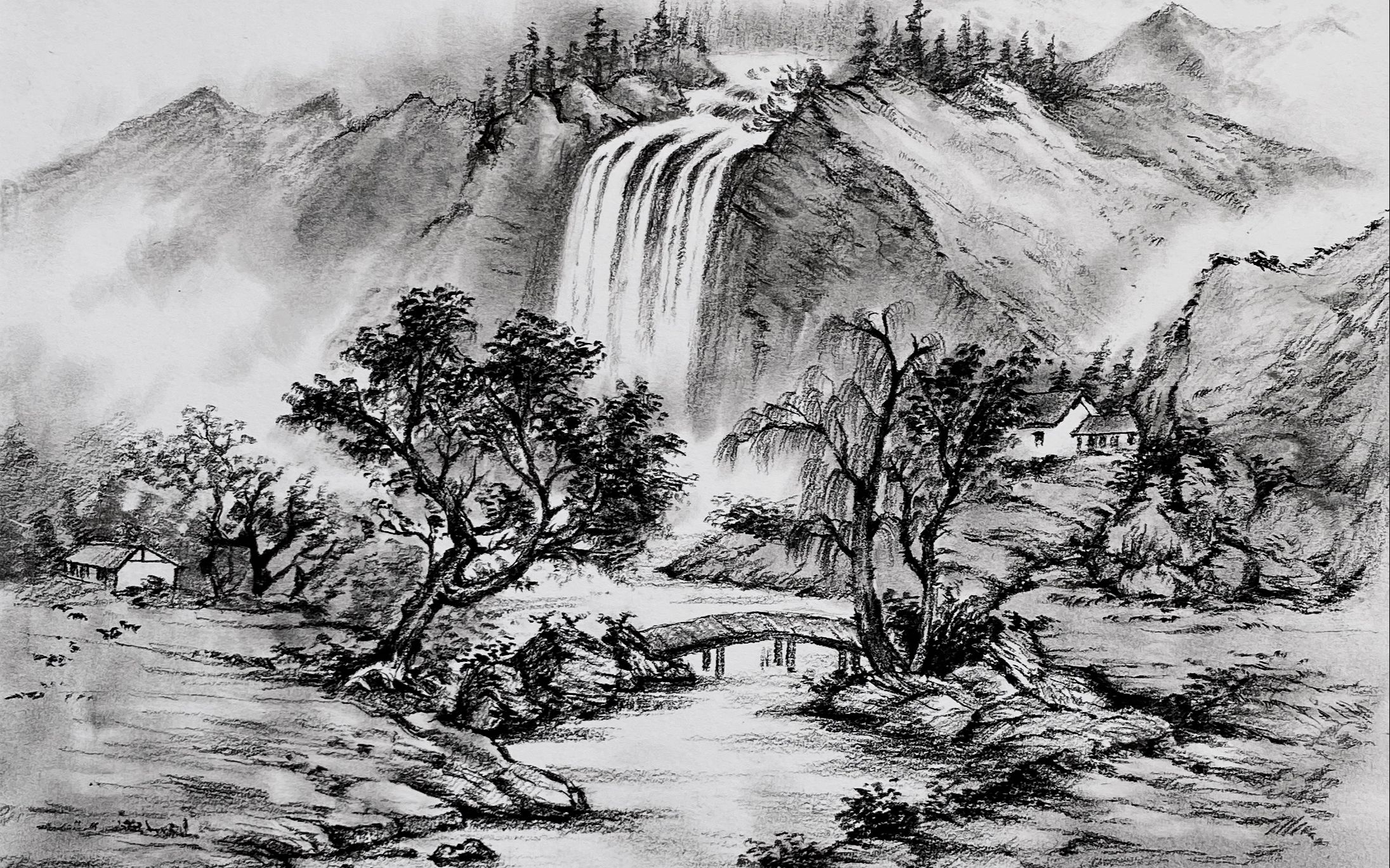 炭笔风景画教程山水