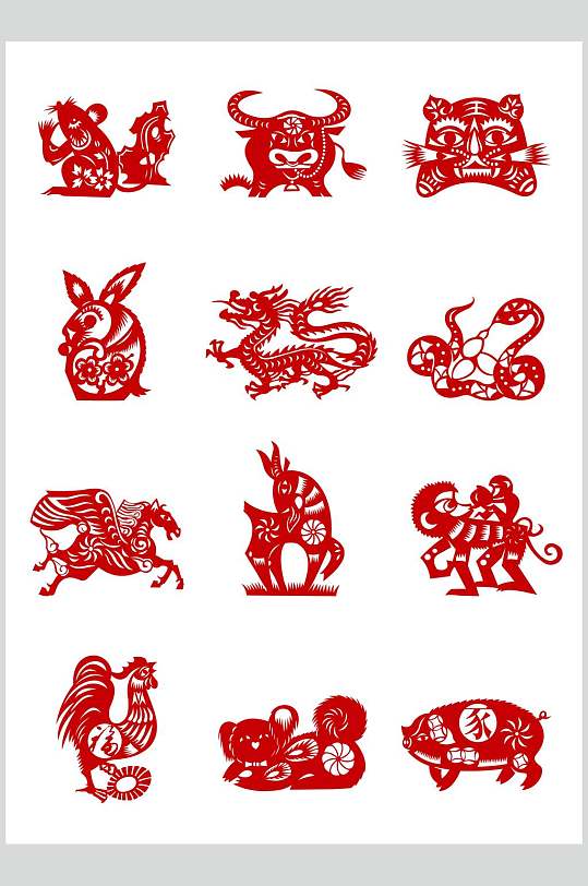 十二生肖剪纸矢量素材