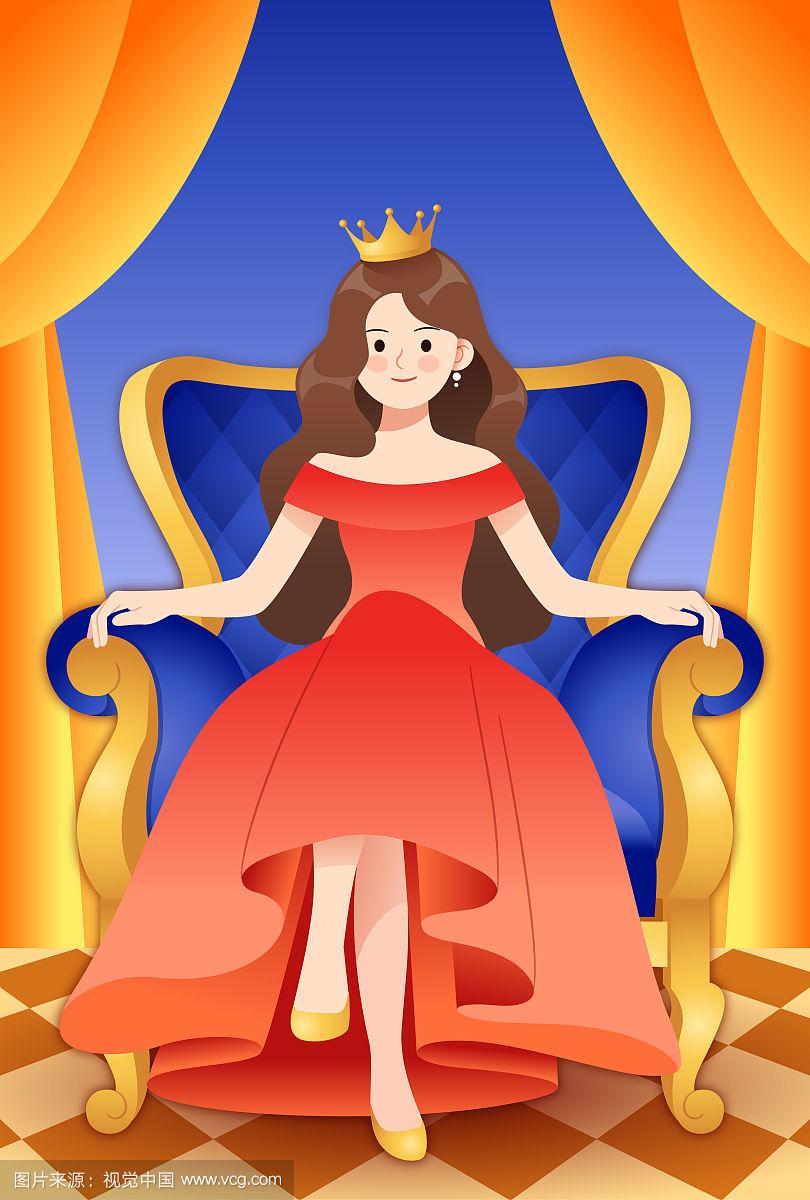 头戴皇冠的女王坐在王座上
