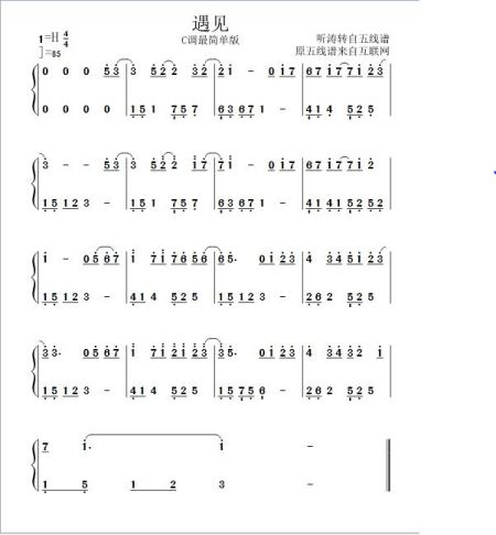 歌曲《遇见》的数字钢琴谱