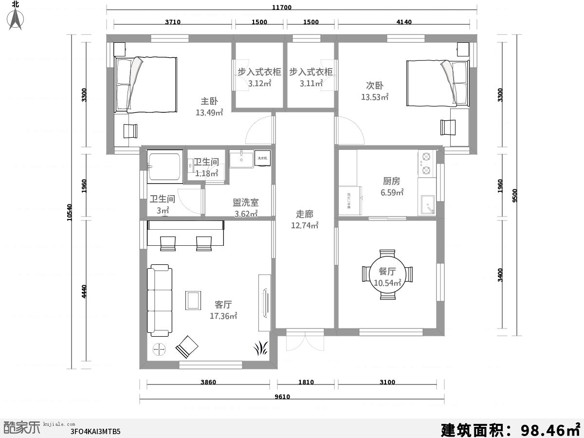 求农村100平米两房一厅一厨一卫平面图,三房也行