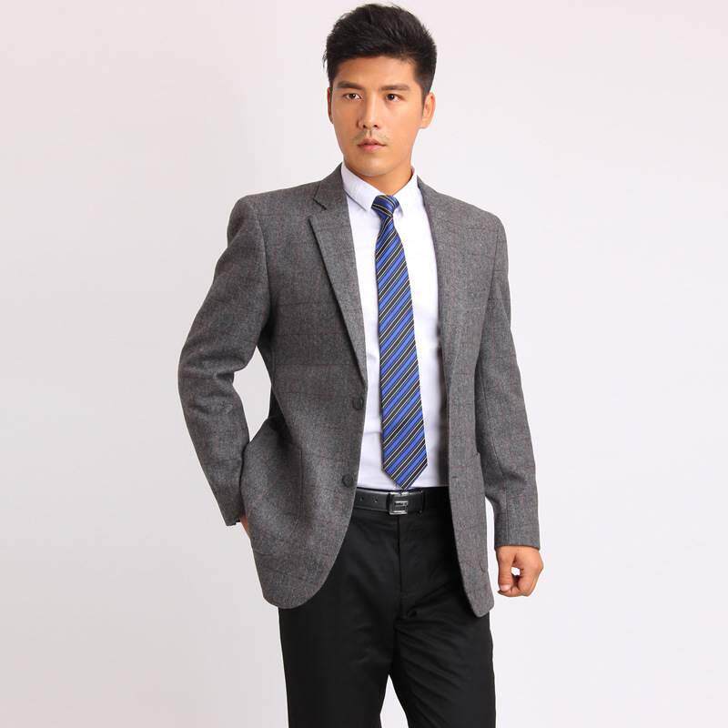春秋季男西装中年商务闲上衣修身羊毛呢男装纯休色士单西外套