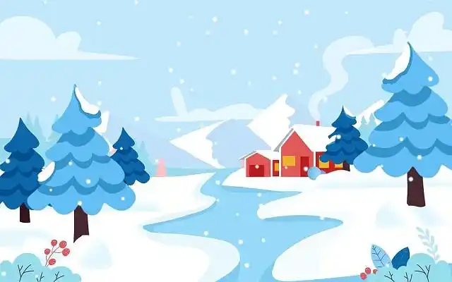 冬天房子插画卡通雪景jpg素材大雪背景冰雪覆盖的山脉和城市景观自然