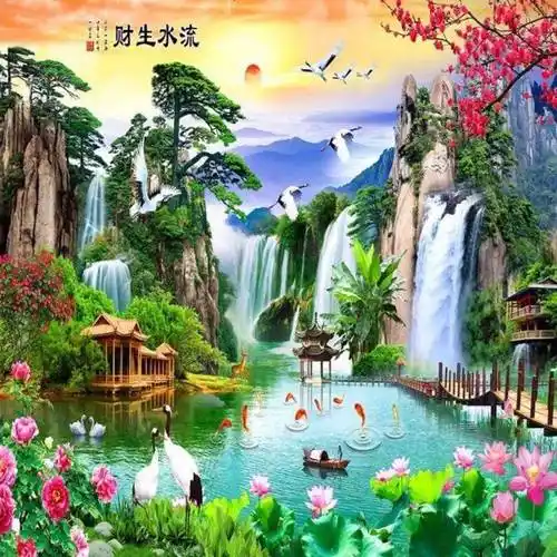 壁画墙纸自粘墙贴立体风景电视背景墙壁纸装饰防水贴纸22流水生财8080