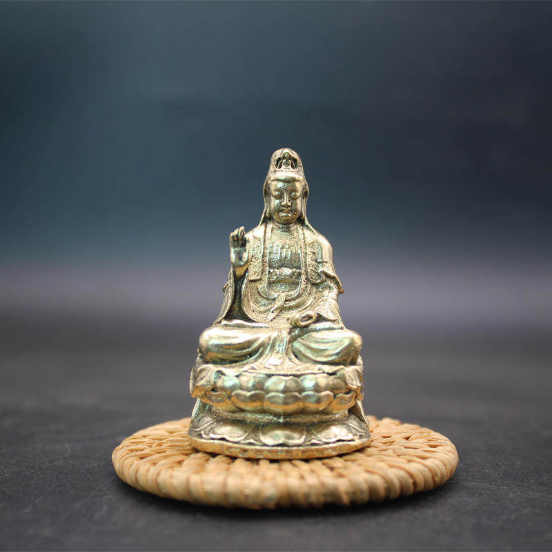 黄铜做旧莲花座观音菩萨佛像摆件供奉铜雕神像文玩老铜器