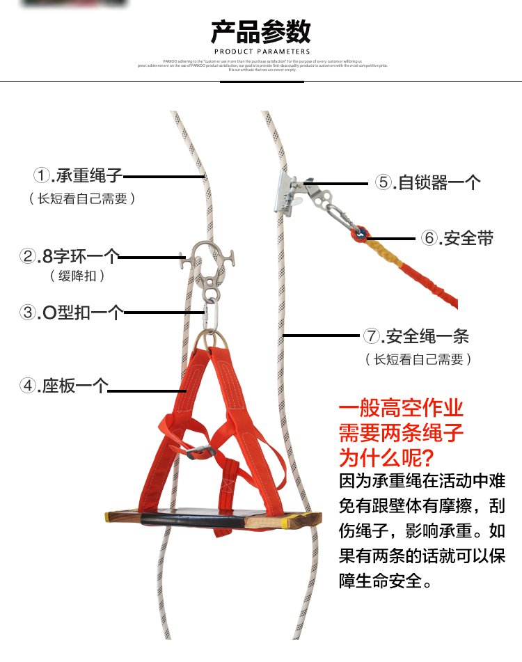定制超耐磨耐用蜘蛛人高空作业绳外墙清洗吊绳保险绳带安全绳16mm 带