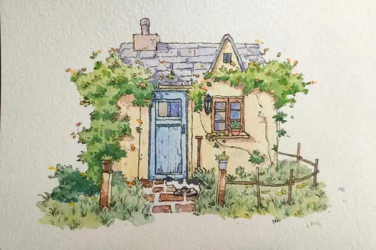 钢笔淡彩田园小屋临摹