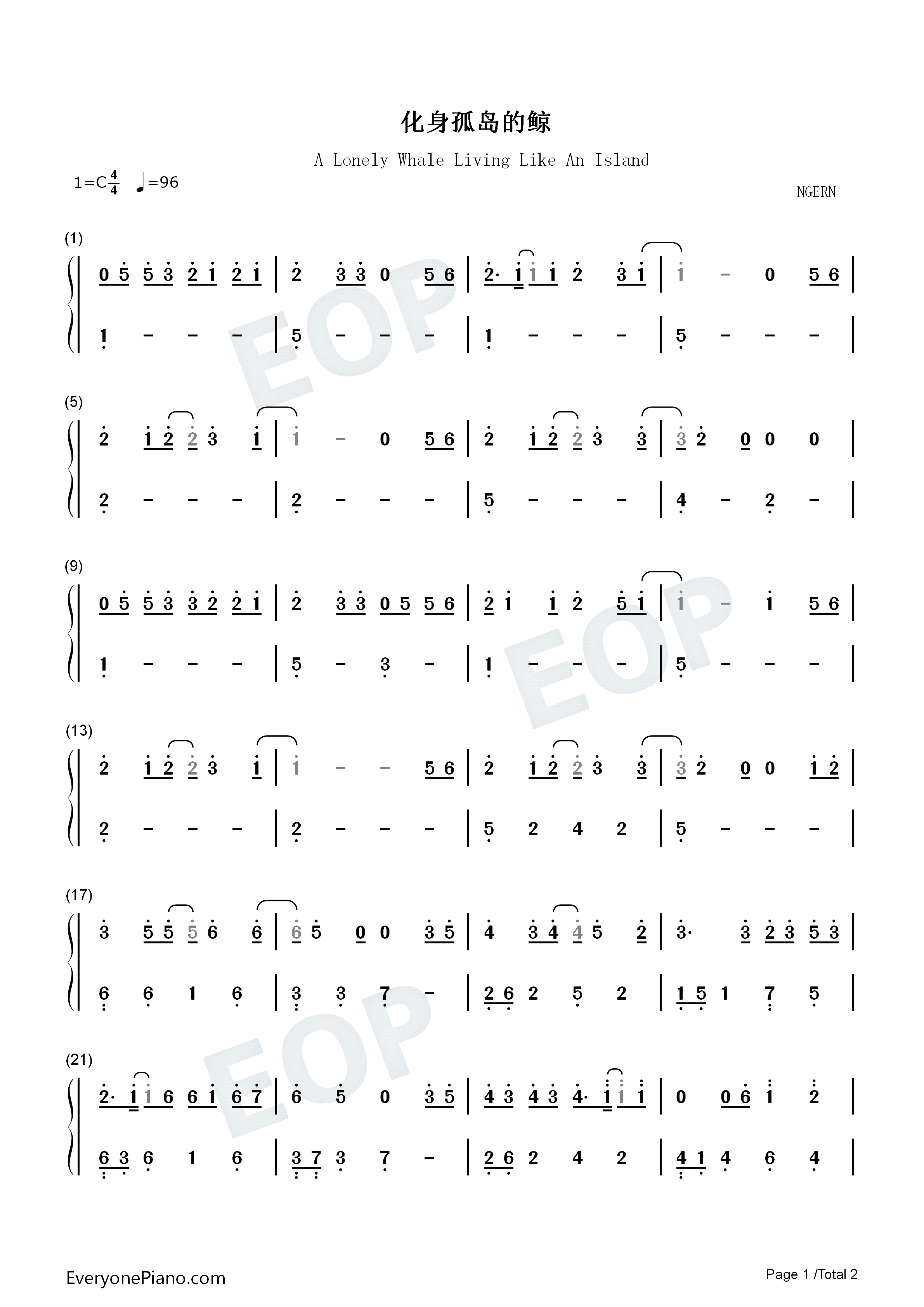 化身孤岛的鲸-c调简单版双手简谱预览1