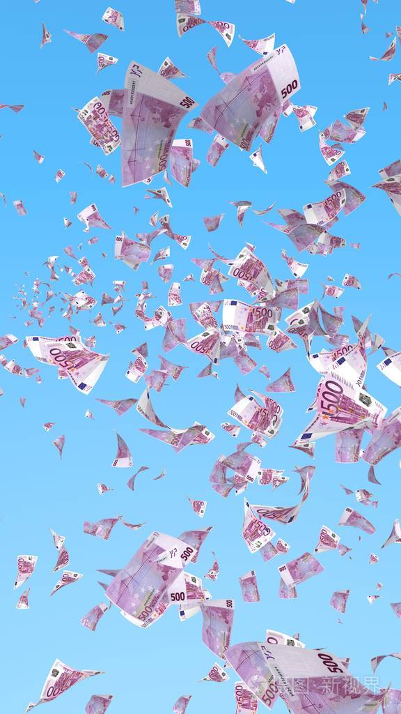 天空背景下飞扬的欧元钞票.钱在天上飞.500欧元的颜色.三维插图