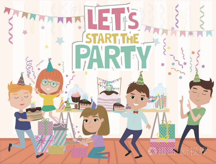 插画 儿童聚会海报与有趣的卡通人物.宴会请柬或贺卡.可编辑矢量插图.