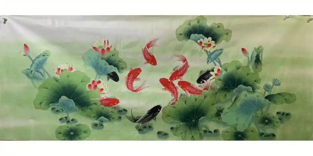 国画工笔画锦鲤年年有鱼小八尺画作