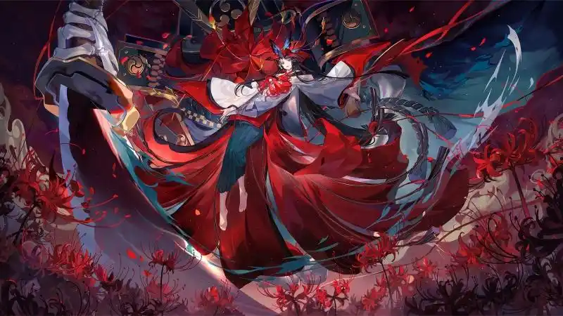 彼岸花 女孩 大刀 庞大怪物 曼珠沙华花海 4k高清动漫壁纸 @ 1920x