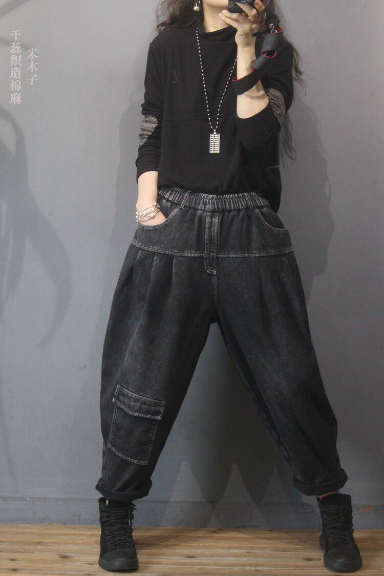 黑色水洗加厚牛仔哈伦裤女2020冬季新款百搭牛仔裤