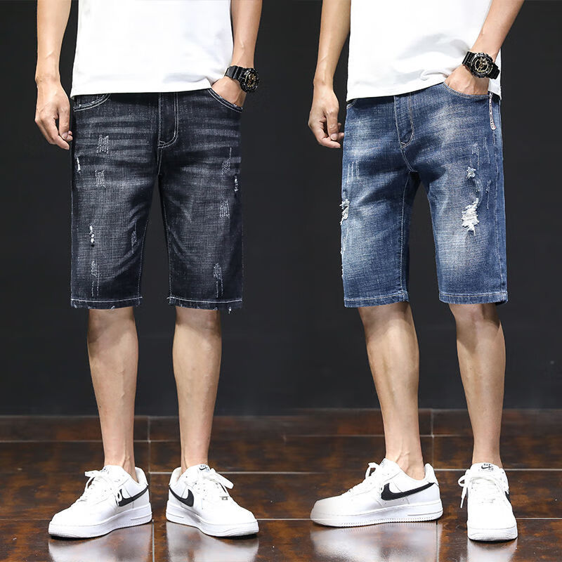 津若国潮男装联名破洞牛仔短裤男夏季裤男短款潮流外穿休闲韩版乞丐裤
