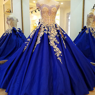 ls33042 跨境专供简约一字肩深蓝色速卖通花纹小拖尾晚礼服定制