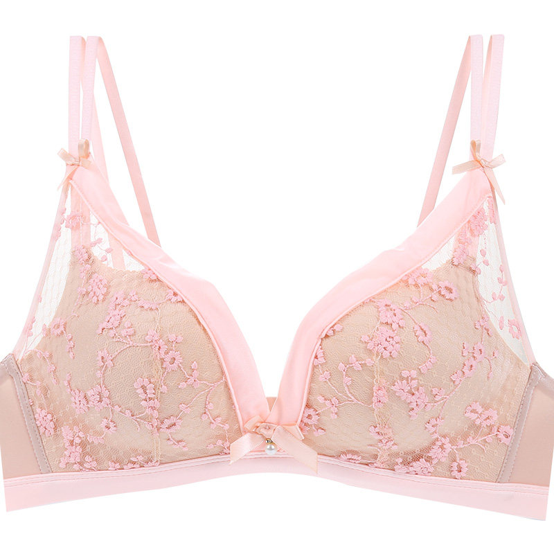 刺绣无钢圈内衣女日系少女甜美聚拢上托文胸性感蕾丝防下垂小胸罩-图1