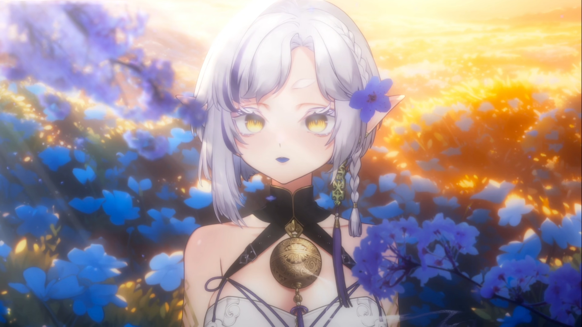 【壁纸自用】花田 白皮 短发 露肩铃铛 阳光 倒放可循环