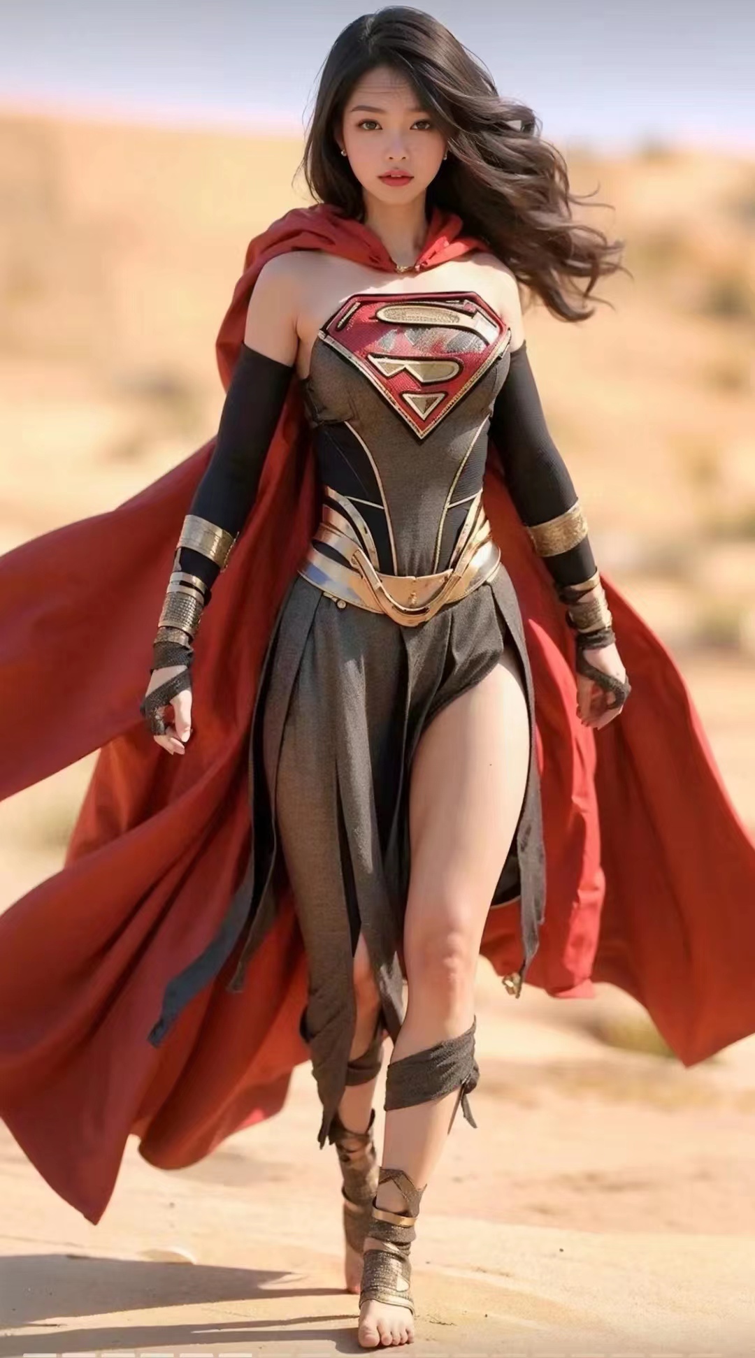 dc宇宙的新英雄,女超人在沙漠的风沙中独自行走 身穿灰色紧身衣,肩上