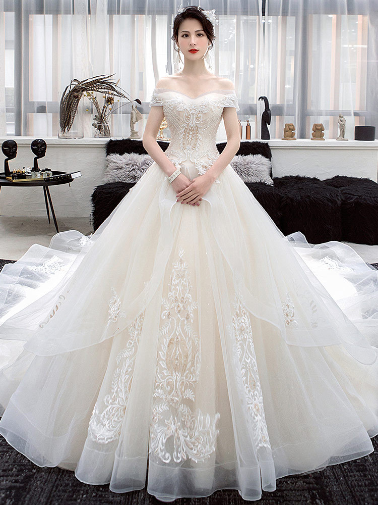 一字肩法式主婚纱2020新款拖尾气质小个子森系超仙梦幻2019新娘