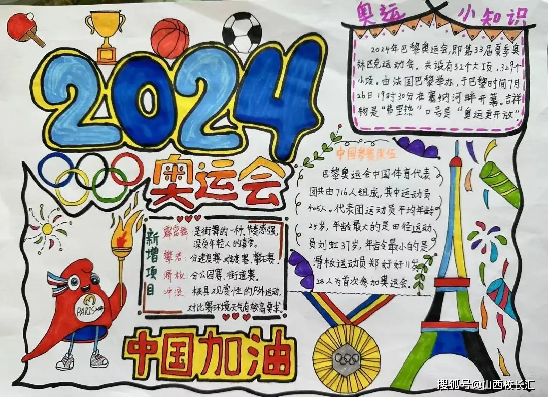 同学们以了解奥运会知识为主题绘制了一张张精美的小报,不仅丰富了