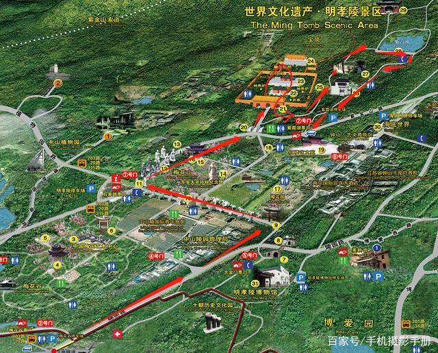 我是从明孝陵的3号门进入的,上图是我的游览路线.