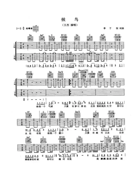 候鸟>吉他谱